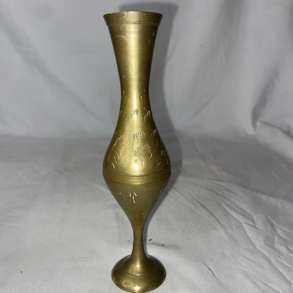 Vintage Brass‎ Etched Vase  India Floral Art Deco 6 Inches